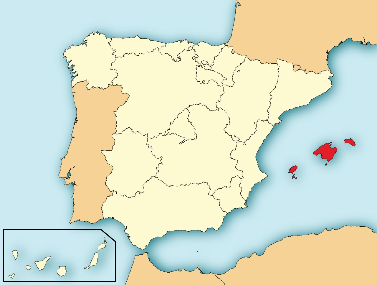 Автономное Сообщество Балеарские острова (Islas Baleares) на карте Испании