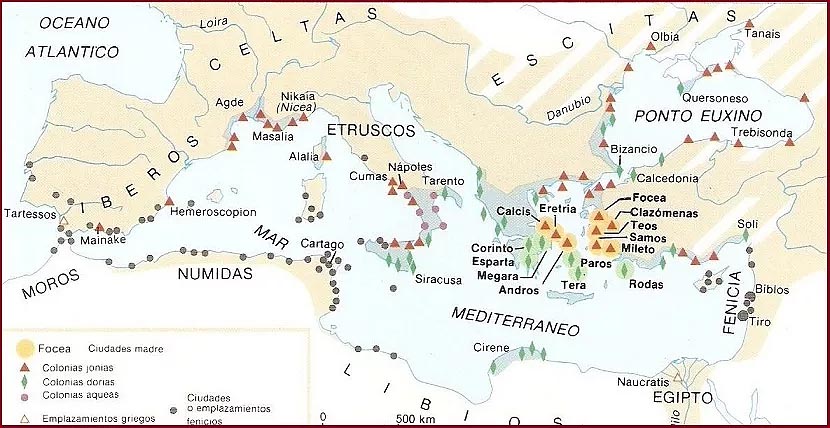 Карта Средиземноморья в период финикийской колонизации