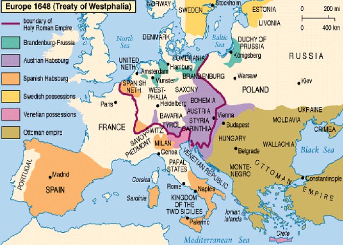 Европа по итогам заключения  Вестфальского мира в 1648 г.