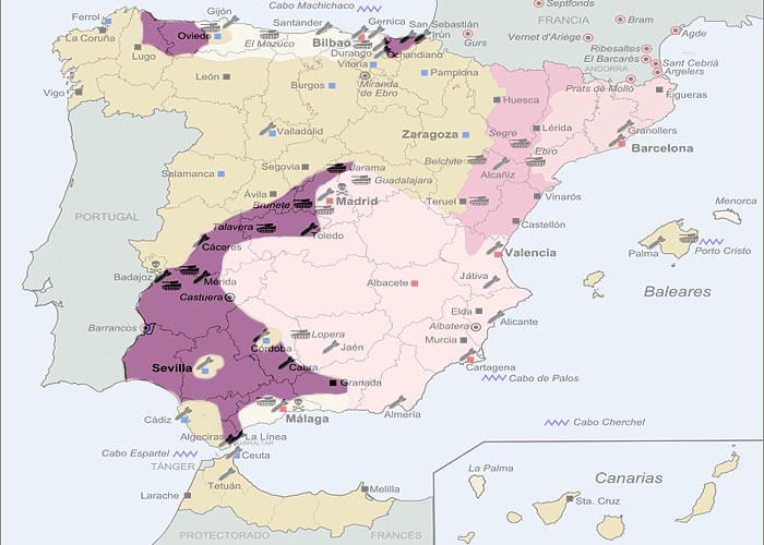 Гражданская война в Испании 1936 - 1939 г.г. Территория, захваченная франкистами к концу 1936 г.