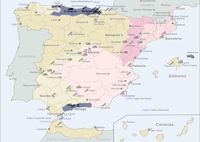 Гражданская война в Испании 1936 - 1939 г.г. Территория, захваченная франкистами к концу 1937 г.