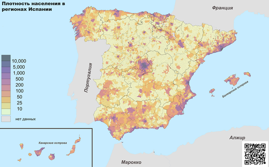 Карта плотности населения Испании (2018 г.)